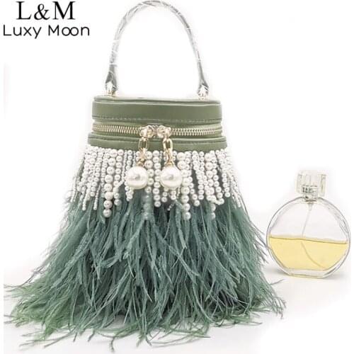 New Luxury Pearl Clutch Purse Solid Small Wedding Barrel Handbag Beaded Designer Bag Feather Party Evening Bag Sac A Main X406H