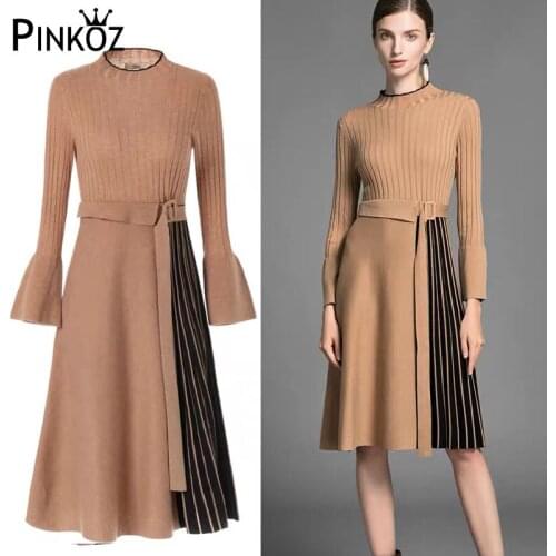 Pinkoz elegant lady midi dress patchwork striped blue flare long sleeve office lady robe dresses autumn winter plus size