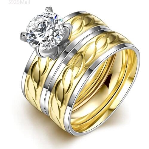 2016 Fashion gold-color exquisite pattern pave zircon bridal set ring stainless steel jewelry for women wedding accessories