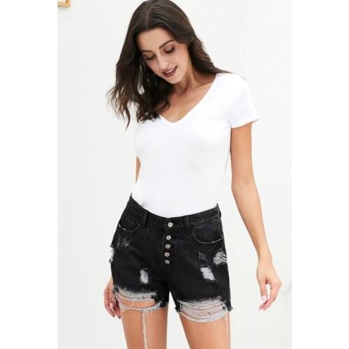 2019 Summer New Women High Waist Hole Ripped Single-Breasted Design Denim Shorts Jeans Casual Slim Hole Ripped Shorts Female