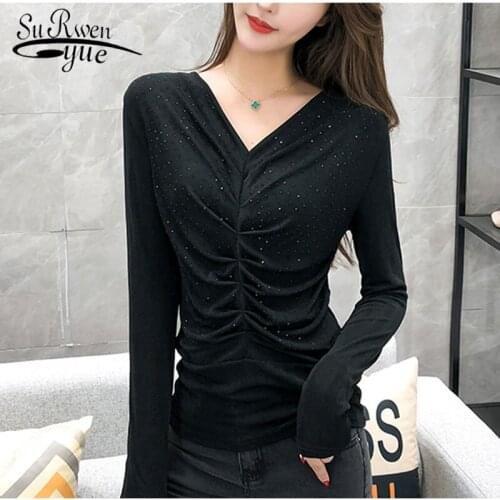 2021 solid V-Neck Blouses Diamonds Sexy Slim Long Sleeve Chemise Femme Korean Tops for Women clothing Shirt Top Blouse 7848 50