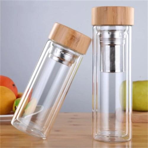 350/450ml Glass Heat Preservation Kettle Resistant Double-Wall Filter Tea Cup Bamboo Cover Office Drinking Bottle