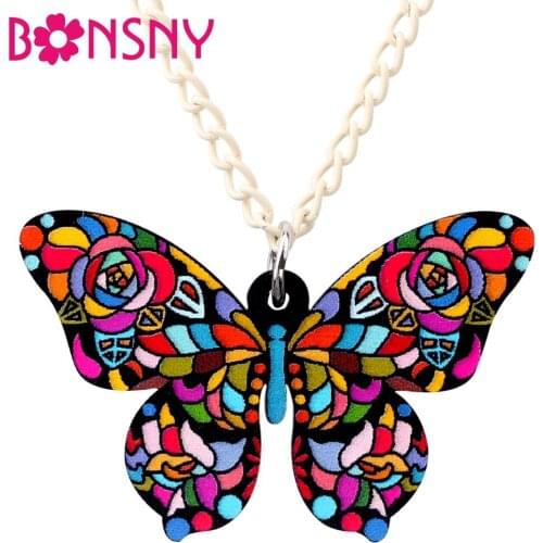 Bonsny Acrylic Floral Unique Butterfly Insect Necklace Pendant Chain Collar Fashion Jewelry Charms For Women Girls Ladies Bulk