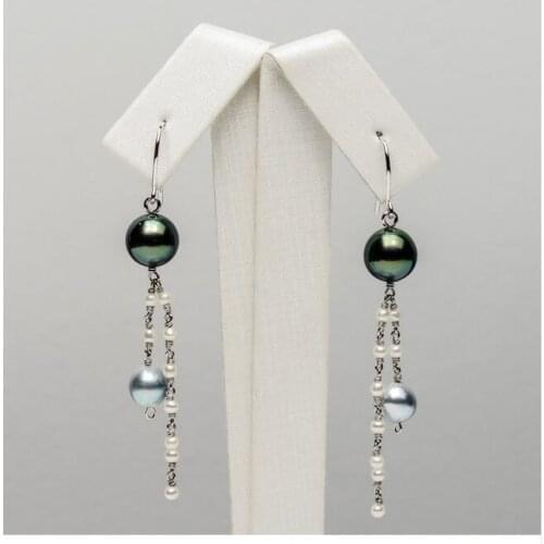 Free Shipping 8.8mm Multicolor Genuine Tahitian Pearl Akoya Pearl Drop Earrings 18k White Gold