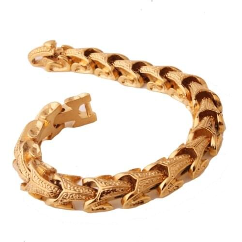 Elegant Cool Stainless Steel Charming Gold Color Vintage Pattern Centipede Chain Bracelet Mens Boys Wristband Jewelry Xmas Gift