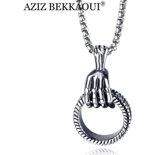 AZIZ BEKKAOUI Hip Hop Hand Human Skeleton Pendant Necklace Sliver Color Jewelry For Men Stainless Steel Necklace With Adjustable