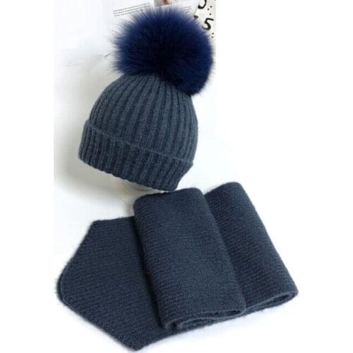 Grils Kids two piece set real fox fur pom pom knitted beanie and scarf Child Girls Warm rabbit fur Knitting skullies hat cap