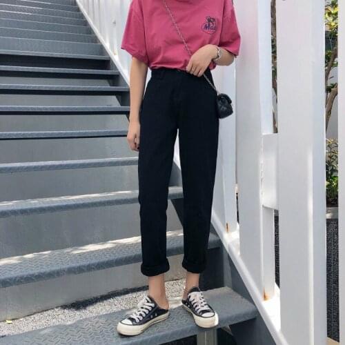 Jeans Womens Casual White Loose Korean Harem Pants High Waist Straight Pants Black Retro Spring 2020 New Clothing Pants Women