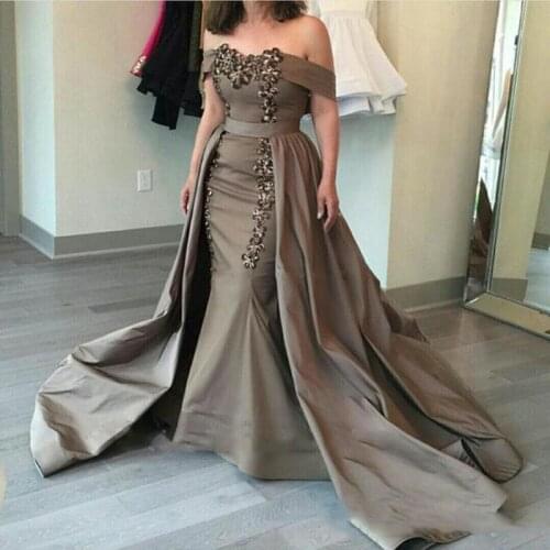 Elegant Gray Mermaid With Over Skirt Formal Evening Dresses Sweetheart Off the Shoulder Satin Celebrity Dress Court Train Red Ca