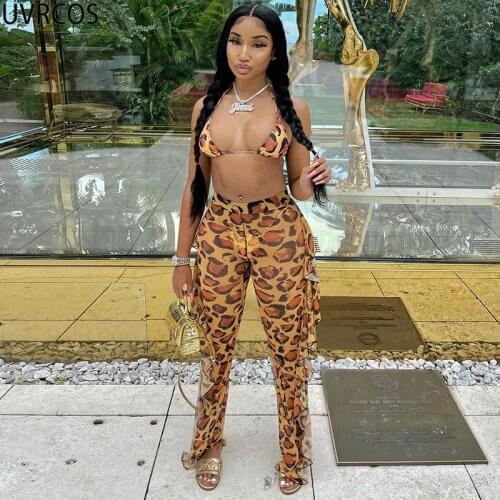 UVRCOS Y2k Set Solid Sexy Two Piece Set Women Summer Leopard Printed Side Tassels Trousers+Strapl Halter Crop Bra Party Clubwear