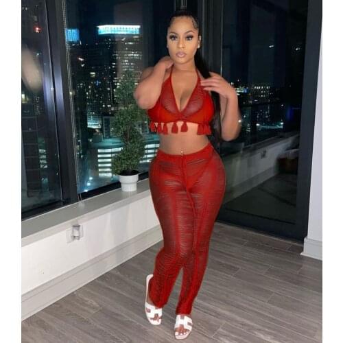 Cutubly Two Piece Swimwear Beach Swimsuit High Waisted Women Hollow Out Bathing Suit Long Pants And Tassel Bra Top Bikini Sets