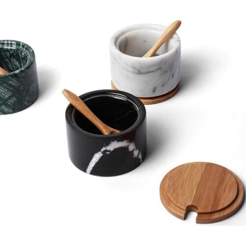 Marble Jar Kitchen Tools Spice Tin Natural Stone Kitchen Storage Jar Geniune Marble Cup Wood Lid With Spoon