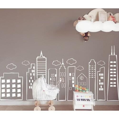 Cartoon Whimsical Doodled City Skyline Wall Sticker Playroom Baby Nursery Libraries Super Hero City Landscape Wall Decal Art