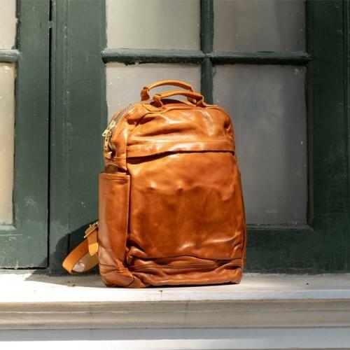 Retro cowhide Leather Men Backpack school laptop bag travel backpack mens heavy industry old vegetable tanned leather bags