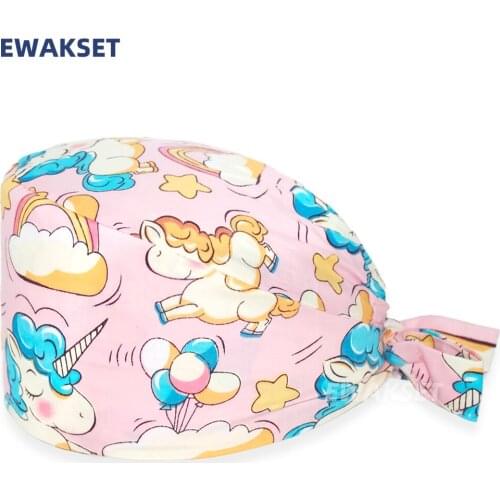 Wholesale Cartoon printing Cotton Elastic beauty salon Work Hats lab work caps men&women pet grooming scrubs caps Tieback hat