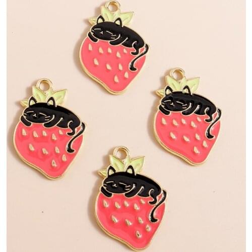 10pcs 18*25mm Cute Black Cat Eating Strawberry Charms for Jewelry Making Fruit Animal Neckalces Earrings Pendant DIY Jewelry