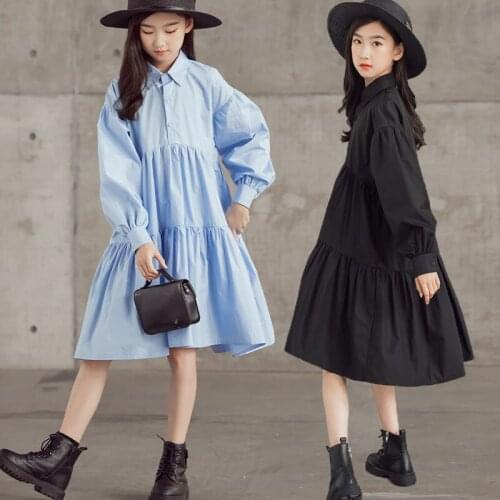 Teenager Girls 100% Cotton Princess Dress Puff Sleeve 2021 Kids Autumn Knee Length Dresses Teen Children Clothes Fashion Shirt