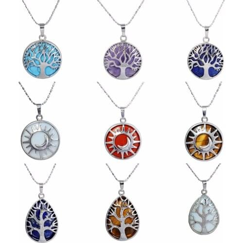 SUNYIK Semi Precious Stone Tree of Life/Moon and Sun Amulet Pendant Necklaces Healing Jewelry (Free Chain)