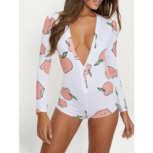 Hot Womens V Neck Fruit Printed Bodycon Jumpsuits Sexy Long Sleeve Sleepwear Bodysuits Jumpsuit Shorts Bodysuit Leotard Costume
