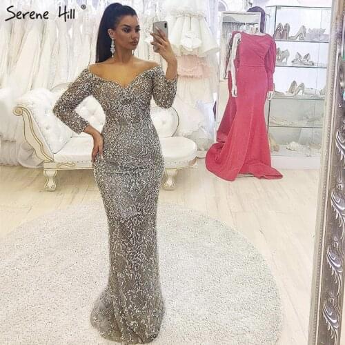 Silver Luxury Sexy Long Sleeves Evening Dresses 2020 Sequined Beading Off Shoulder Formal Dress Serene Hill LA70073