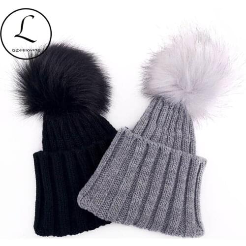 Soft Winter Faux Fur Pompom Hats For Newborn baby Boys Girls Toddler Kids Children Acrylic Ribbed Knitted Beanies hats and Caps