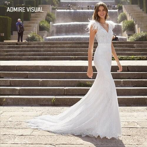 New Arrive Wedding Dress For Bride Mermaid Lace V-Neck Neckline With Feather Custom Made Plus Size Vestidos De Novia