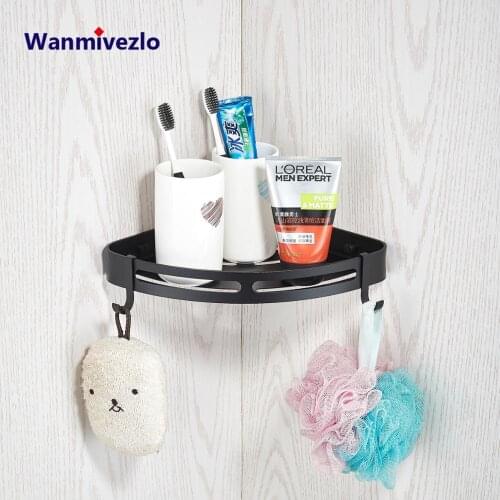 Bathroom Corner Shower Shelf Triangle Storage Rack Shower Wall Mount Rustproof Robe Hooks Black White Finish