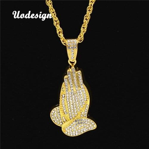Uodesign HIP Hop Gold Color Bling Rhinestone Praying Hands Men Pendants Necklaces Christian Jesus Necklace for Men Jewelry
