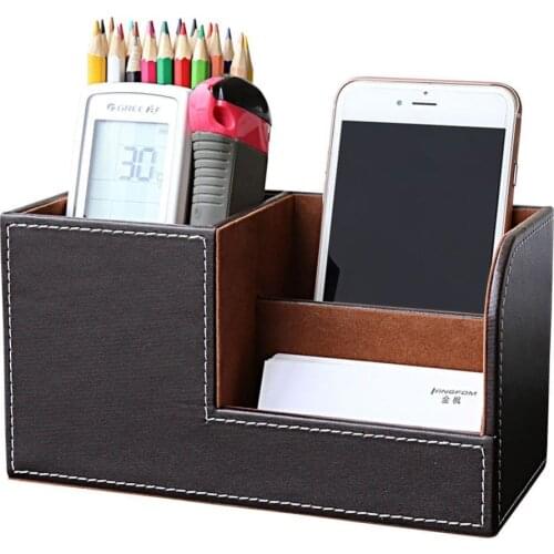 XRHYY Brown Wooden Pu Leather Multi-function Desk Stationery Organizer Storage Box Pen/Pencil/Name Cards Remote Control Holder