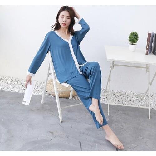 Womens Pajamas Set Modal Sexy V Neck White Lace Cardigan Long Sleeve Sleepwear Simple Soft Leisure Homewear Loose Nightwear