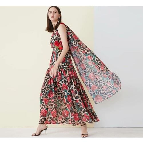 New HIGH QUALITY Fashion 2021 Summer Runway Maxi Dress Womens Sleeveless Rose Leopard Print Long Dress