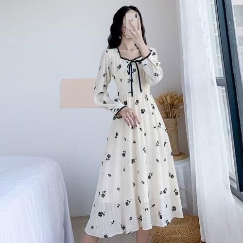Spring Long Vintage dress women Mid-Calf Square Collar Vestido Korean Style Dress Long Sleeve Slim Fit High Waist Office Lady