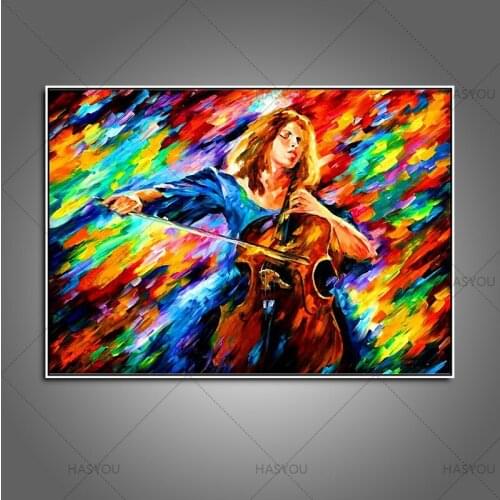100% Handpainted Knife Painting Woman Play Guitar Music Carnival Picture Canvas for Home Office Wall Art Decor As Unique Gifts