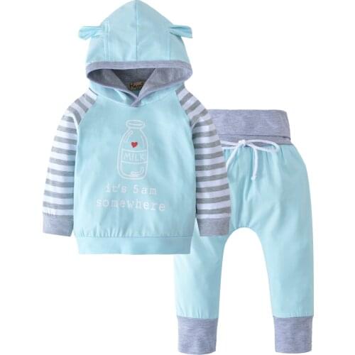 2PCS Newborn Kids Baby Boy Girl Clothes Sets Hoodies Tops Letter Milk Long Sleeve Pants Hooded Cotton Cute Outfits Clothing Sets