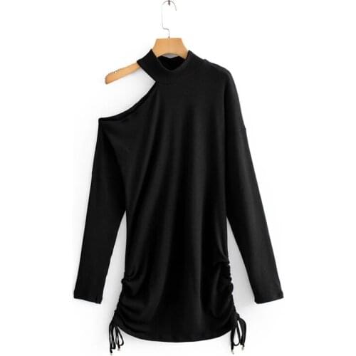 2021 Women Fashion Sexy Single Shoulder Side Pleated Knitted Mini Dress Female O-Neck Long Sleeve Dresses Girls Chic Vestidos