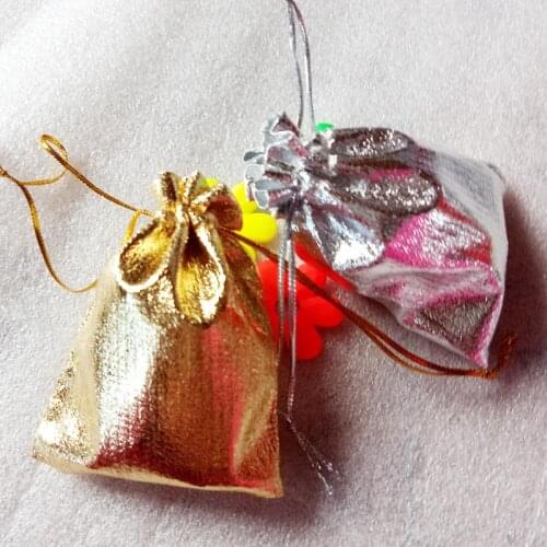 500pcs 7x9cm Gold Silver Drawstring Packaging Display Bags Metallic Foil Organza Fabric Bag Pouches Christmas Wedding Gift Bags