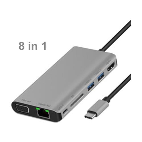 8 In One Multifunctional USB Type C Hub To VGA HDTV Ethernet RJ45 SD Card 3.5 MM Audio Jack Compatible with Mac Windows