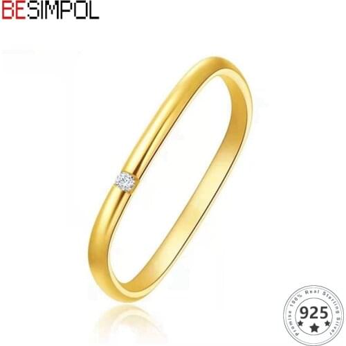 Besimpol Real 925 Sterling Silver Small Square Rings Minimalist Style Zircon Diamond Gold Ring for Women Fashion Fine Jewelry