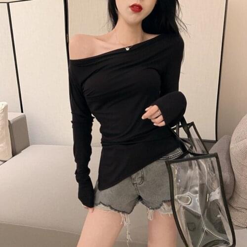 Black Sexy Slim Bottomed Blouse Womens Early Autumn Long Sleevet shirt Diagonal T-shirt With Straight Neck Out Shoulder t shirt