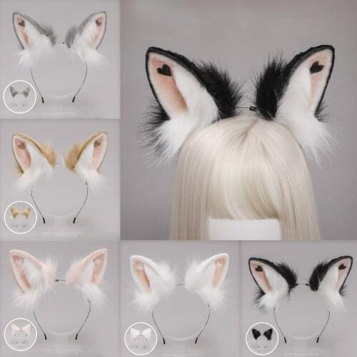 Lolita Headbands Furry Rabbit Cat Ears Headwear with Heart Kawaii Animal Hair Hoop for Cosplay Headpiece Party Supplies