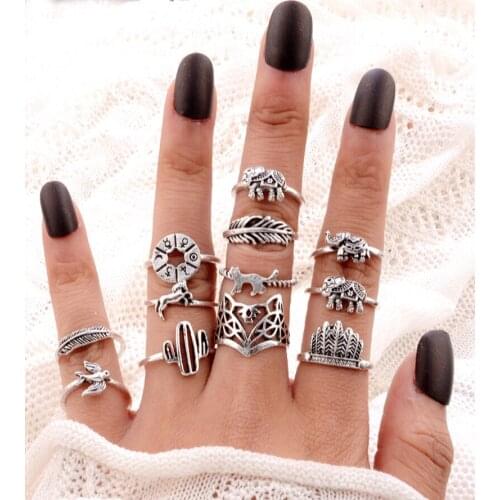 12pcs/Set Bohemia Ring Antique Arrow Elephant Fox Lion Pony Pattern Carved Ring Sets Animal Rings for Women Jewelry 3103
