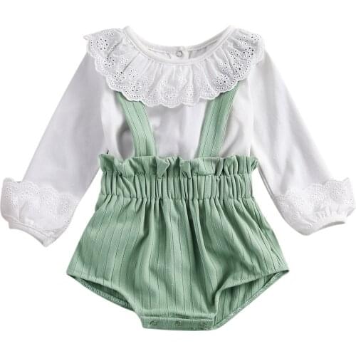 Newborn Baby Girls Spring Clothes Sets Lace Peter Pan Collar Long Sleeve Solid Tops Ruffles Overall Shorts 2pcs