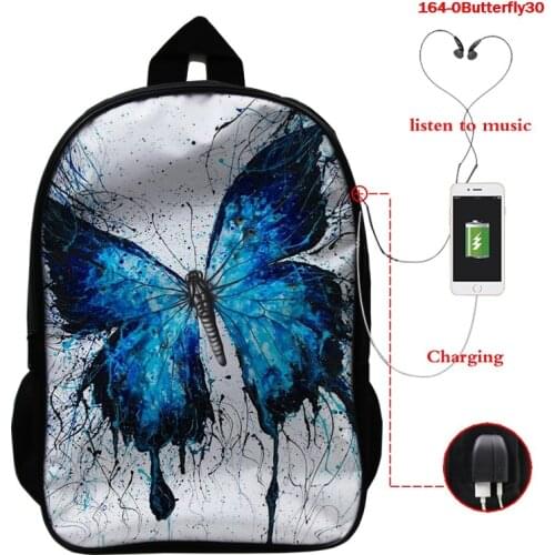 Butterfly 16 Inch Women School Bags Orthopedic Backpack School Boys Girls Mochila Fashion 3D Butterfly Print Bags Usb Charging