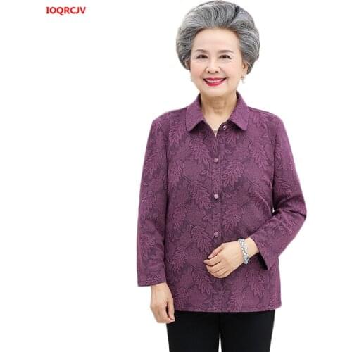 Old-age Autumn Female Tops 60-70 Years Old Mother Blouse Long Sleeve Printed Shirt Grandmother Spring Coat Cardigan Blouse 1485