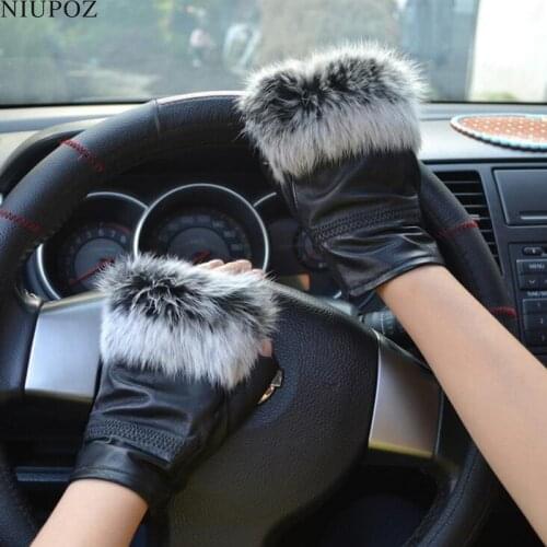 Thick Warm Winter Cute Korean Fur Rabbit Hair Sheepskin Half Finger Gloves Female Fingerless Genuine Leather Driving Gloves G197