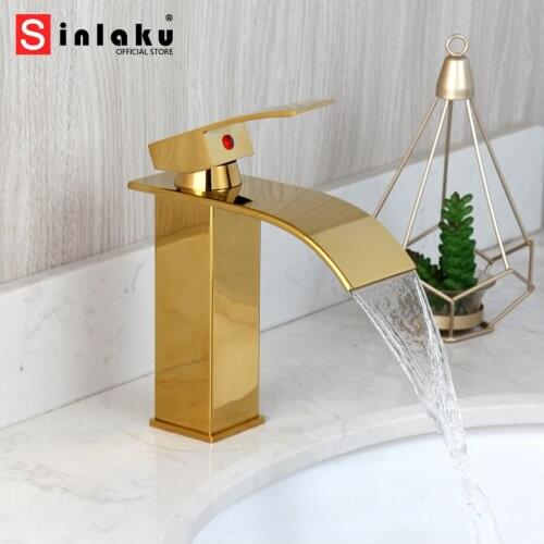 Golden Plated Bathroom Basin Sink Faucet Mixer Tap Solid Brass Wash Tap Gold Polished Waterfall Spout Bathroom Mixer Faucet