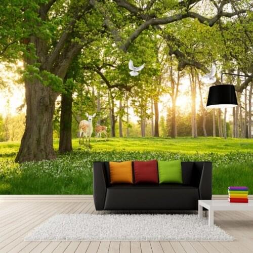 Dropship Photo Wallpaper Fresh and Simple Beautiful Forest Tree Deer Mural TV Background Papel Tapiz Para Pared Forest Wallpaper