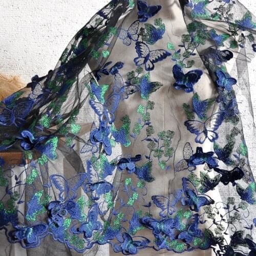 High quality soft mesh yarn fabric Deep Blue Butterfly Embroidery tissu High end wedding dress DIY fabric for dress