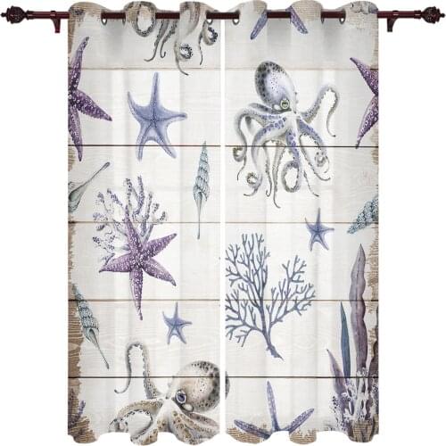 Ocean Watercolor Creatures Starfish Octopus Window Curtains for Living Room Kitchen Curtain with Valance Kids Room Home Decor