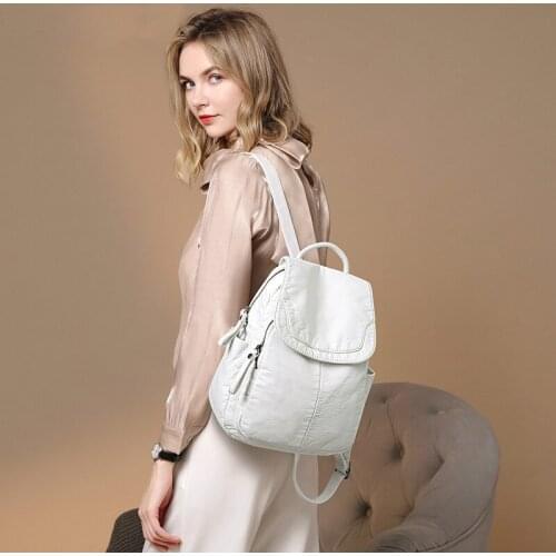 Women White Washed Leather Backpacks Retro Female Shoulder Bag Design Travel Backpack Lady Bagpack School Bags for Teenage Girls
